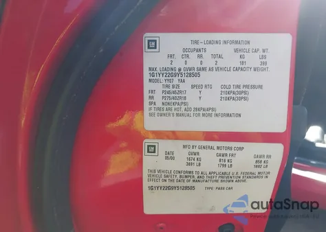 2000 Chevrolet Corvette z USA, uszkodzony, nr VIN 1G1YY22G9Y5128505